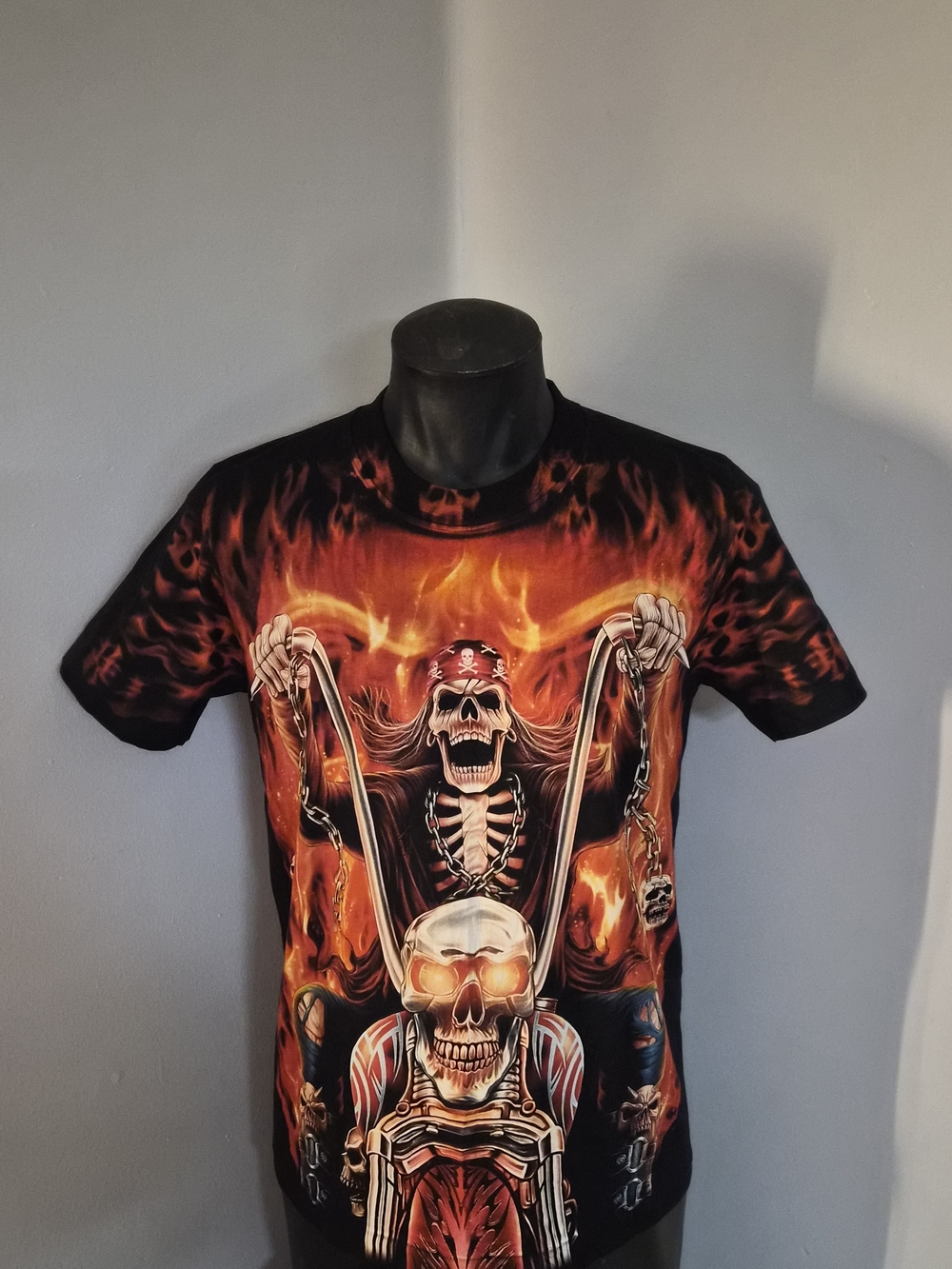 The Roxx Black & Orange Flame Skull Biker Graphic Tee